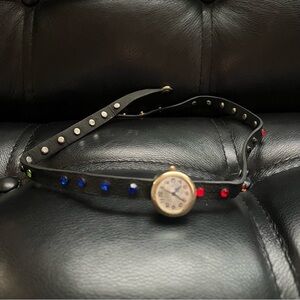Vintage Y2K Rhinestone Choker Watch Necklace Black Faux Leather Adjustable 23”